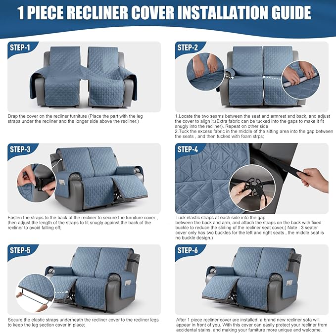 TAOCOCO 100% Waterproof Recliner Covers, Recliner Sofa Covers with Leg Straps, Reversible Recliner Couch Cover for Reclining Chair, Washable Couch Protector for Pets Kids(2 Seater, Sky Blue)