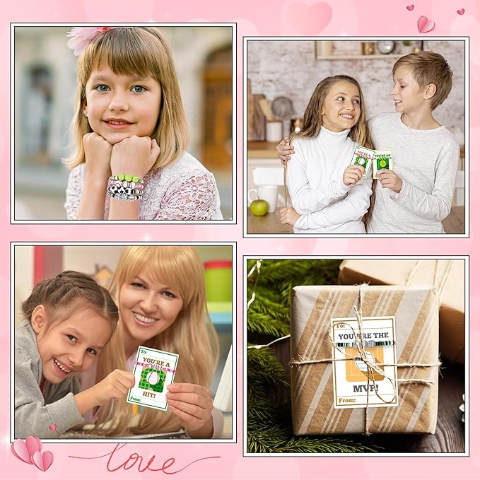 MOVINPE Valentines Day Exchange Gifts for Kids Classroom, 24 Pack Sports Charm Friendship Bracelets with Valentines Day Cards, Classroom Prizes, Valentine’s Day Cards for Kids School Bulk