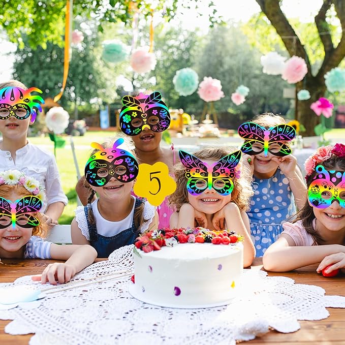 CY2SIDE 30PCS Insects Scratch Masks for Kids Spring Insects Color Scratch Masks for Kids Bugs Party Favors DIY Butterfly Bees Face Magic Art Rainbow Color Paper Craft Kits for Classroom Art Project