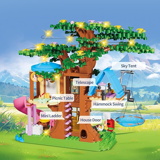 Treehouse Girls Forest Building Set 731PCS Compatible with Lego Friends, Fun Tree House Building blocks Kit Toys with Cat, Slide and Sky Hammock, Christmas Birthday Gifts for Kids Girls 6-12 Years Old