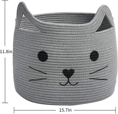 Large Woven Cotton Rope Storage Basket, Baby Laundry Basket Organizer for Towels, Blanket, Toys, Clothes, Gifts | Pet Gift Baskets for Cat, Dog - 15.7" L×11.8" H, Gray