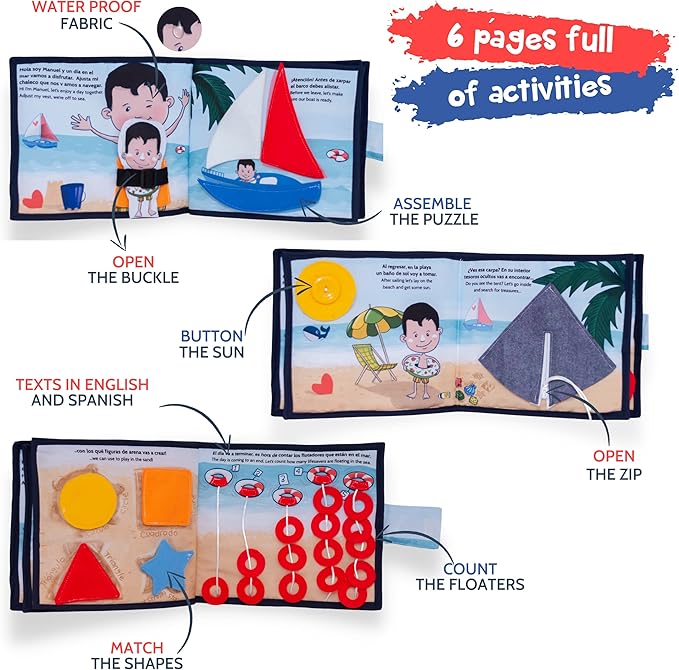 Bilingual Quiet Book for 18 months Babies Boys and Girls | Written in English and Spanish | 1 Plush Toy Included | Sensorial Felt Book for Babies | Carry on Travel Toy | Preschool and Early Learning.