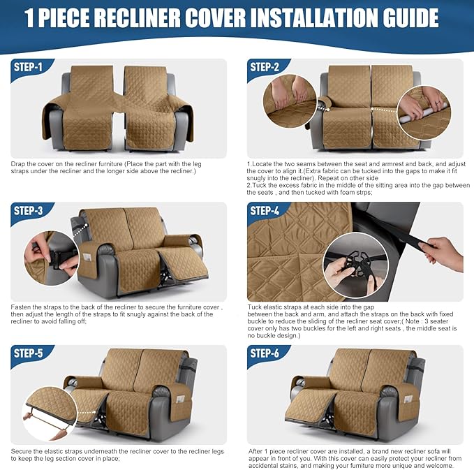 TAOCOCO 100% Waterproof Recliner Covers, Recliner Sofa Covers with Leg Straps, Reversible Recliner Couch Cover for Reclining Chair, Washable Couch Protector for Pets Kids(2 Seater, Camel)