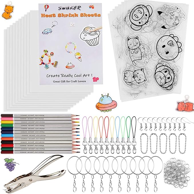 Shrink Plastic Sheet Kit, 166 Pcs Shrink Art Kit Include 10Pcs Shrink Film Paper and 8 Pcs Shrinky Art Paper with Pattern, Hole Punch, Keychains Accessories and Pencils for Kids Creative Craft