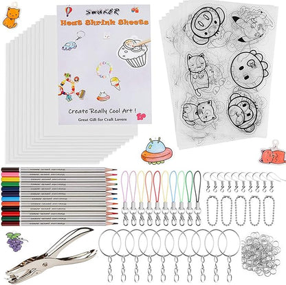 Shrink Plastic Sheet Kit, 166 Pcs Shrink Art Kit Include 10Pcs Shrink Film Paper and 8 Pcs Shrinky Art Paper with Pattern, Hole Punch, Keychains Accessories and Pencils for Kids Creative Craft