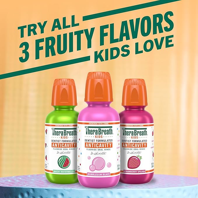 TheraBreath Kids Anticavity Fluoride Oral Rinse, Strengthens Teeth & Enamel, Alcohol Free & Dye Free, Certified Organic Bubblegum Blast Flavor, 16 Fl oz