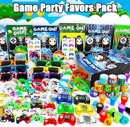 125Pcs Video Game Party Favors for Kids, with Goodie Bag Stuffers Includ Arcade Video Game Keychain Glasses Bracelets Stamps Tattoos Stickers etc, for Kids Boys Girls Birthday Party Favor Supplies