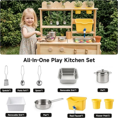 Wooden Mud Kitchen for Kids Outdoor - Play Kitchen with Real Running Water Sink & Removable Sink, 10-Piece Accessory Set with Stainless Steel Cookware & Planter Pots, Montessori Toy Gift for Ages 3+