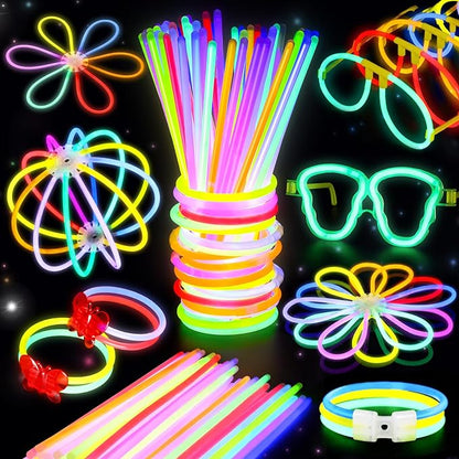 BUDI 467Pcs Glow Sticks Party Favors for Kids Adults 200 GlowStick Bulk 8 Colors 8 Inch & 267 Connectors for Glow in the dark Necklace Bracelets Glasses Party Supplies Light Up Toys Neon Accessories