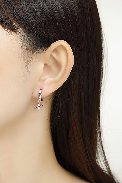 Presentski Initial Earrings 925 Sterling Silver Colorful Huggie Small Hoop Earrings Rainbow CZ Drop Dangle Simple Alphabet Earrings S925 Hypoallergenic Earring Letter A-Z for Daughter Women