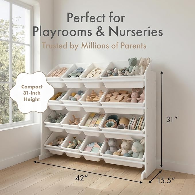 Humble Crew Toy Storage Organizer with 16 Removable Storage Bins for Kids Playroom, 4-Tier Toddler Toy Organization and Storage, White/White