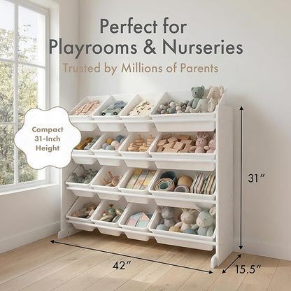 Humble Crew Toy Storage Organizer with 16 Removable Storage Bins for Kids Playroom, 4-Tier Toddler Toy Organization and Storage, White/White