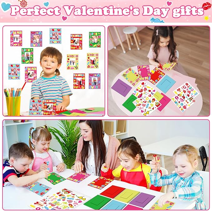 Qyeahkj 48 Sets Valentines Day Picture Frame Craft Kits with Easel Valentine 's Day Craft Arts for Kids with Heart Stickers Valentines DIY Photo Frame for Fun Home Class Kindergarten Party Activity