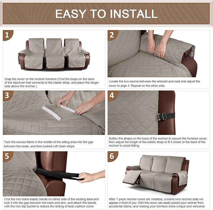 KinCam Waterproof Recliner Sofa Cover, Non-Slip Reclining Couch Covers for 3 Seat, Recliner Couch Cover Furniture Protector with Elastic Straps for Pets, Kids, Khaki