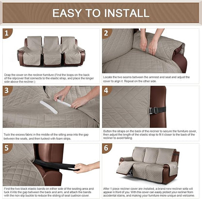 KinCam Waterproof Recliner Sofa Cover, Non-Slip Reclining Couch Covers for 3 Seat, Recliner Couch Cover Furniture Protector with Elastic Straps for Pets, Kids, Khaki