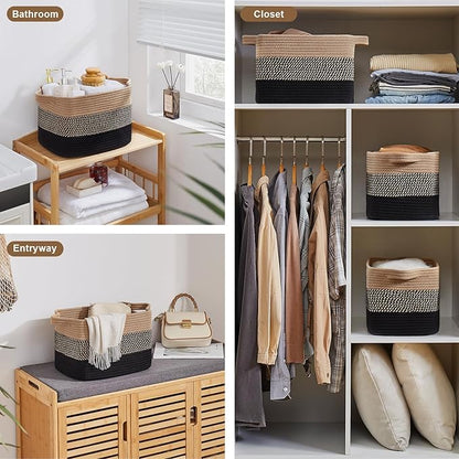 OIASKET Storage Basket for Organizing, Woven Baskets for Storage, Rectangle Decorative Baskets for Shleves, Closet, Toys, Books, Nursery Organizer Bins - Pack of 3 (Black & Brown, 13"x9.85"x8.7")