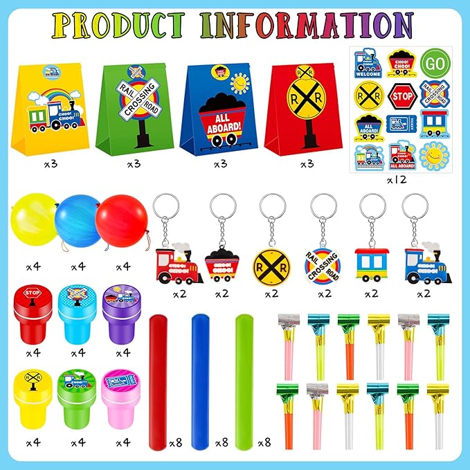 Lenwen 252 Pcs Train Party Favors Train Birthday Party Supplies Train Candy Bags Punch Balloons Stamps Stickers Train Slap Bracelets Keychain Noisemakers for Boy Kids Train Birthday Party Supplies