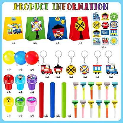 Lenwen 252 Pcs Train Party Favors Train Birthday Party Supplies Train Candy Bags Punch Balloons Stamps Stickers Train Slap Bracelets Keychain Noisemakers for Boy Kids Train Birthday Party Supplies