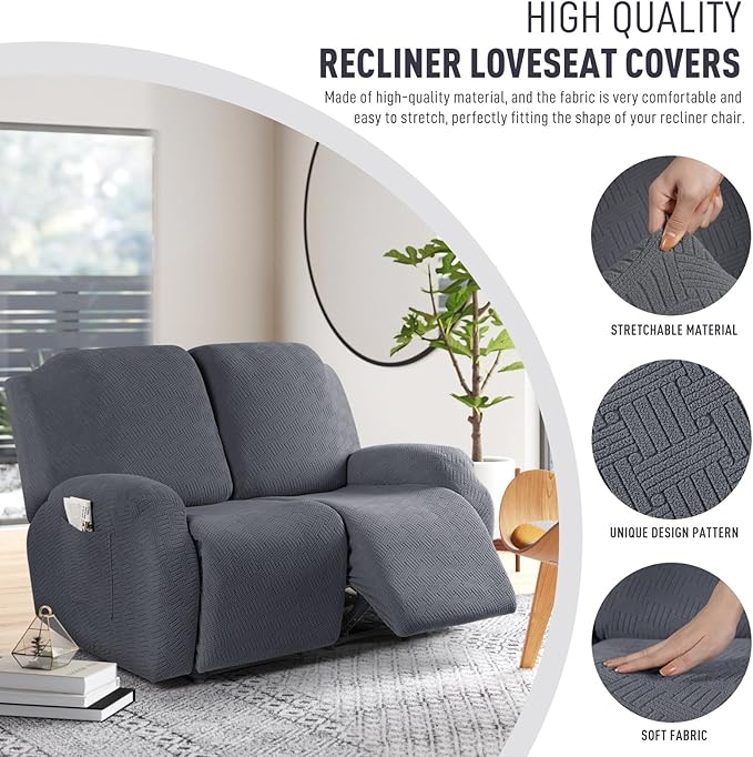 KinCam Recliner Covers, Stretch Reclining Chair Covers, Recliner Sofa Slipcovers Stripe Jacquard Recliner Couch Covers Furniture Protector Covers for Pet Kid (2XL Seater, Dark Gray)