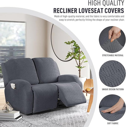 KinCam Recliner Covers, Stretch Reclining Chair Covers, Recliner Sofa Slipcovers Stripe Jacquard Recliner Couch Covers Furniture Protector Covers for Pet Kid (2XL Seater, Dark Gray)