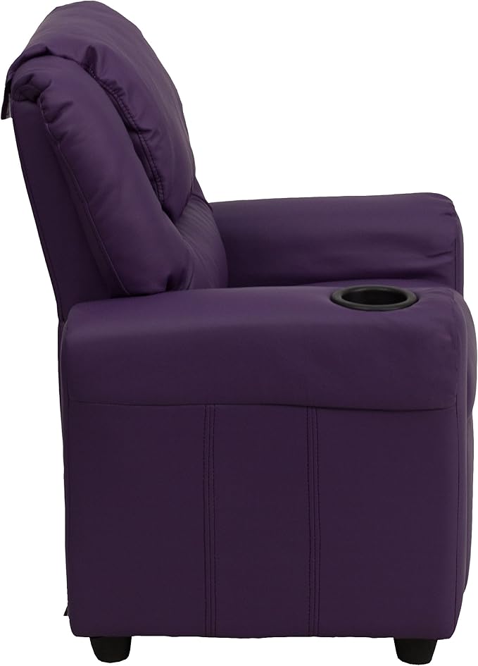 Flash Furniture Vana Vinyl Kids Recliner with Cup Holder, Headrest, and Safety Recline, Contemporary Reclining Chair for Kids, Supports up to 90 lbs., Purple