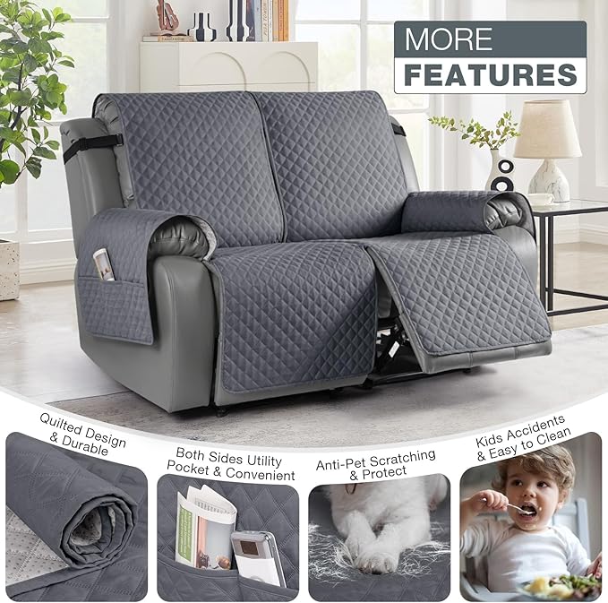 TAOCOCO Loveseat Recliner Cover Non-Slip Sofa Slipcover, Pet Cover for Loveseat Recliner with Elastic Straps, Washable Reclining Loveseat Cover Recliner Furniture Protector (2 Seater, Dark Grey)