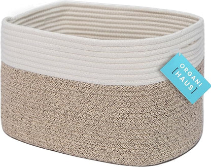 OrganiHaus Cotton Rope Basket for Shelf - Woven Storage Basket for Organizing, Closet & Toy Storage - Brown/Off-White - 15x9x10