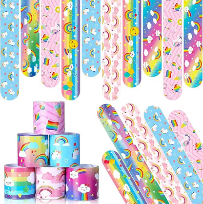 Junkin 24 Pcs Rainbow Party Favor Rainbow Slap Bracelets for Kids Wristbands Bracelets Cloud Party Favor Unicorn Rainbow Party Decoration Girl Boy Kid Baby Shower Party Supplies Magical Party (Lovely)