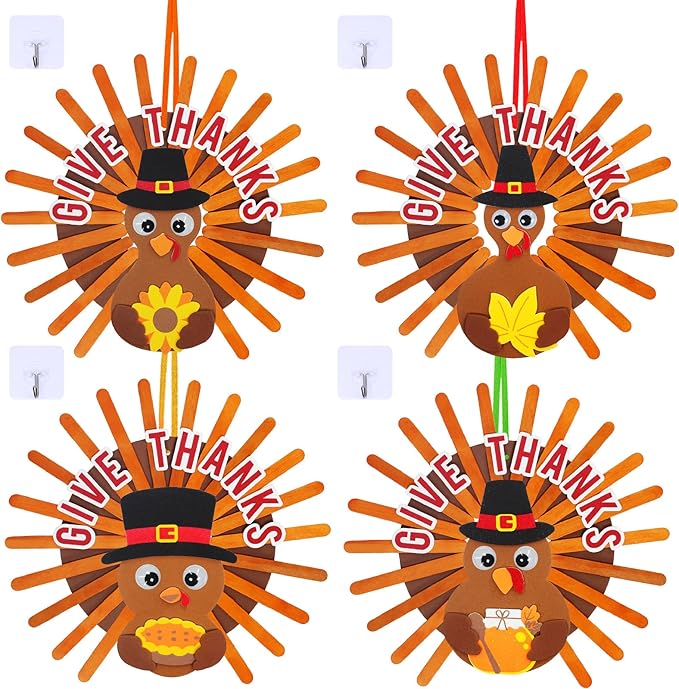 Winlyn 12 Sets Thanksgiving Wreath Signs Decorations Art Sets DIY Give Thanks Thanksgiving Craft Kits Fall Crafts Wood Craft Sticks Turkey Foam Stickers Googly Eyes for Kids Party Classroom Activities