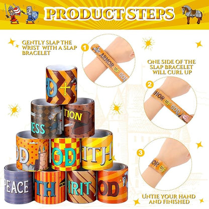 Frienda 40 Pcs Knight Slap Bracelets for Kids Bulk Medieval Theme Party Favors Slap Bracelets Armor of God Christian Bible Verse Religious Wristbands for Sunday School Supplies Classroom Rewards