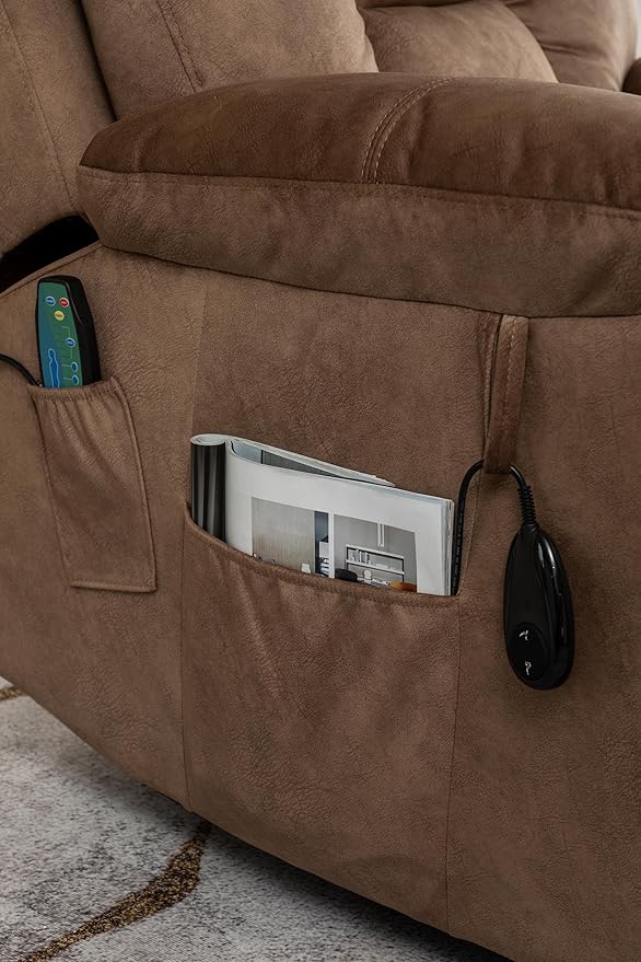 FANYE Electric Power Lift Chair for Elderly W/Massage and Heat, Infinite Positions 2 Remote Controllers Oversized Velvet Upholstered Recliner & Armchair W/Side Pockets & Hidden Cup Holders, Coffee V