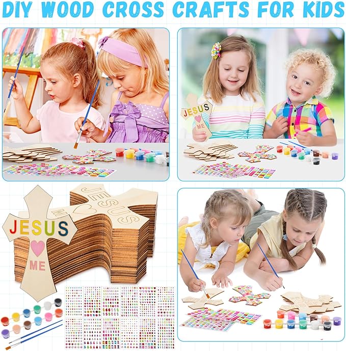PullCrease Easter DIY Wood Cross Crafts for Kids Religious Craft Kit Sunday School Vacation Bible School Supplies 24 Pack Wooden Cross with Stickers 1 Set Paint(Stylish Style)
