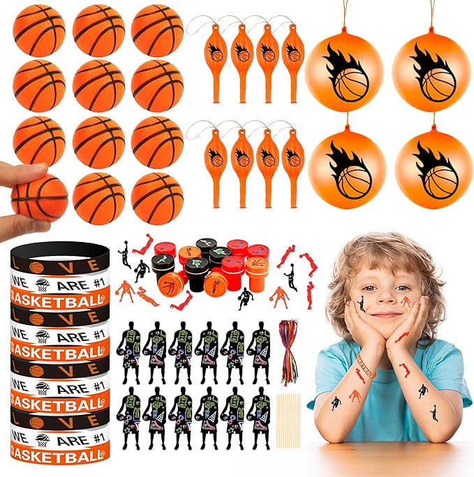 Basketball Party Favors Birthday Supplies 60pcs Buck Silicone Bracelets Punch Balloons Basketball Stress Ball Stamp Scratch Art Set For Kids Pinata Stuffer Boys Girls