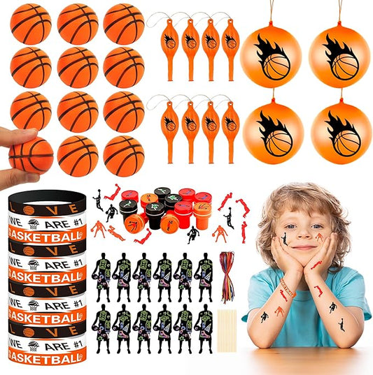 Basketball Party Favors Birthday Supplies 60pcs Buck Silicone Bracelets Punch Balloons Basketball Stress Ball Stamp Scratch Art Set For Kids Pinata Stuffer Boys Girls