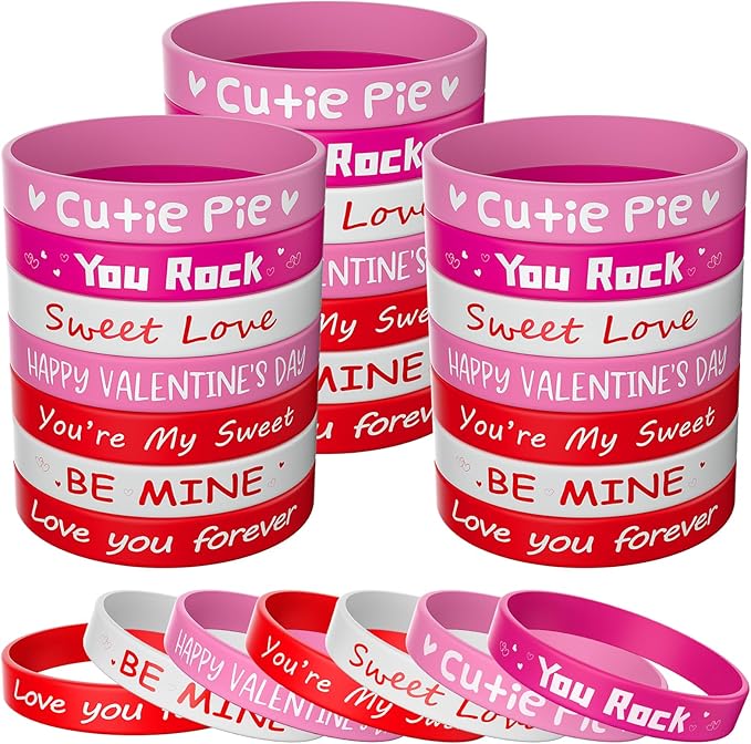 Morcheiong 42 Pieces Valentine's Day Party Favors Rubber Bracelets Pink Red Classic Silicone Wristbands for Kids Adults Valentine's Day Party Decorations