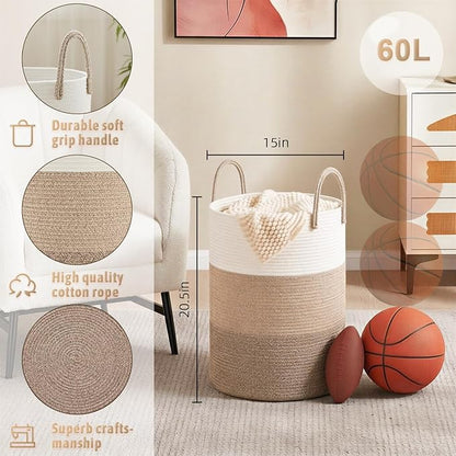 Artfeel Laundry Basket,Woven Cotton Rope Laundry Hamper,60L for Decorative Storage of Dirty Clothes,Toys and Blankets in Bathroom,Bedroom and Living Room