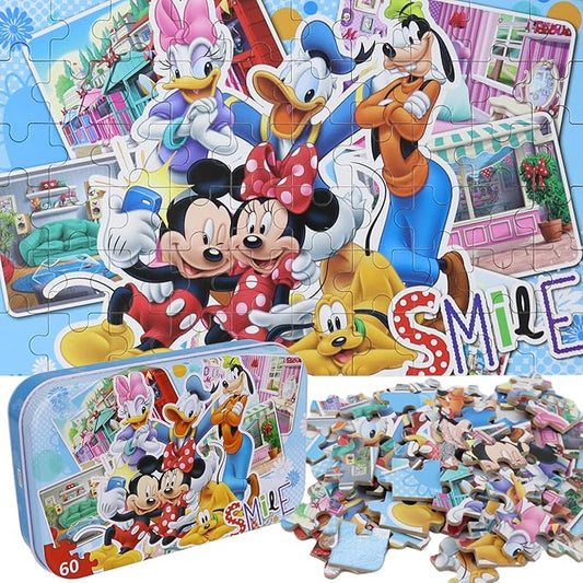 Minnie Mickey Puzzles for Kids Ages 4-8 60 Pieces Puzzles for Kids Ages 3-5 Mickey Mouse Puzzles for Girls and Boys Toys Jigsaw Puzzles in a Metal Box Educational Puzzles (Minnie Mickey 0687)
