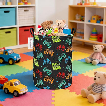 QUEENLALA Large Storage Basket,Laundry Hamper/Bathroom/Home Decor/Collapsible Round Storage Bin,Boys and Girls Hamper/Boxes/Clothing(Round-Black Game)