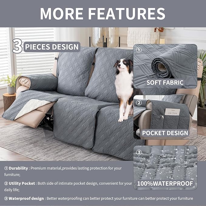 Easehomey Waterproof Recliner Sofa Cover,Non-Slip Reclining Sofa Covers for 3 Seat,Washable Reclining Sofa Cover Furniture Protector with Elastic Straps Pocket for Kids, Pets(Light Gray,3Seat)