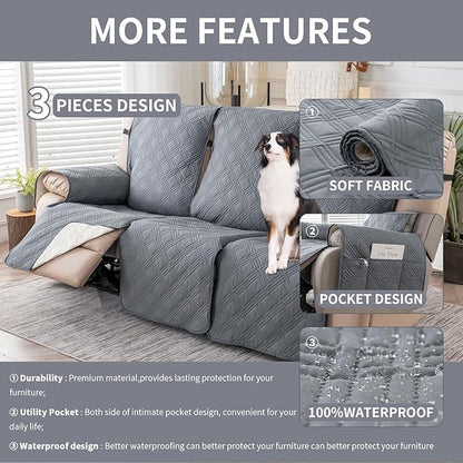 Easehomey Waterproof Recliner Sofa Cover,Non-Slip Reclining Sofa Covers for 3 Seat,Washable Reclining Sofa Cover Furniture Protector with Elastic Straps Pocket for Kids, Pets(Light Gray,3Seat)