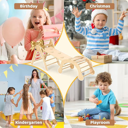 YOLEO 7-in-1 Pikler Triangle Set, Large Wooden Climbing Toys for Toddlers 1-3 Inside, Montessori Fun Toddler Climbing Toys Indoor Playground and Jungle Gyms Playset,Easy-Fold Pikler Triangle (Natural)