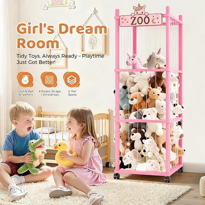 Stuffed Animal Storage Zoo Tower,56In Wooden Large Stuffed Animal Holder Organizer with Wheels,Stuffy Plushies Storage with Elastic Band&Mesh Bottom,Toy Organizers for Playroom Nursery（Pink）