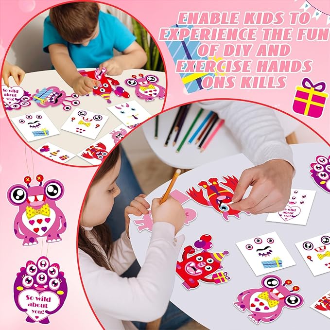 Qyeahkj 36 Sets Valentine's Day Monster Craft Kits for Kids DIY Valentines Monster Ornament Craft Sets Hanging Valentines Day Paper Card Gifts for Valentine Spring Party Class Activity Game Toys