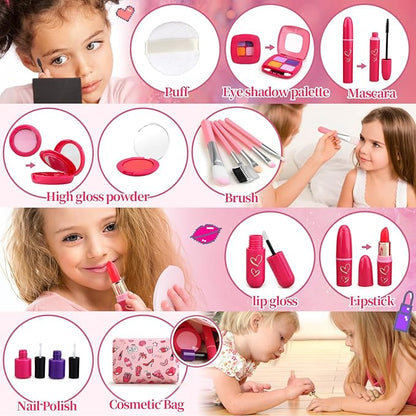 Woumserta Toddler Girls Toys Pretend Makeup Kits - Fake Makeup Set Toys for Kids 3 4 5 6 Year Old, Play Makeup Gift for Little Girls 3-5, Toddler Makeup Kit with Fake Makeup Toy Birthday Gift (Red)