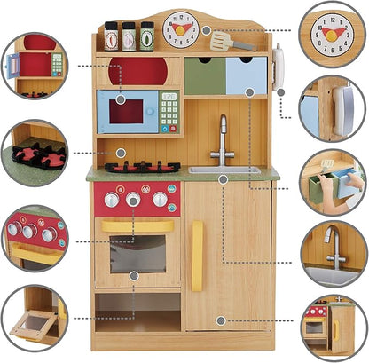 Teamson Kids Little Chef Florence Classic Interactive Wooden Play Kitchen with Accessories and Storage Space for Easy Clean Up, Wood Grain with Red and Yellow Accents