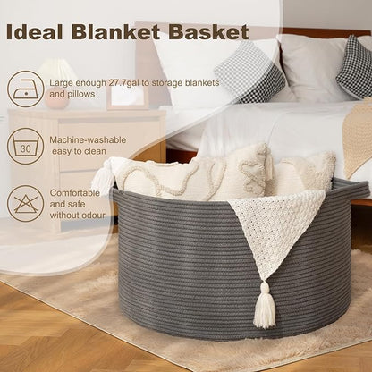 OIAHOMY 105L Blanket Basket for Living Room, Large Basket 23.6" x 23.6" x 14.6" with Handle, Laundry Hamper for Blankets, Pillows, Toy Storage for Kids, Dogs - Grey