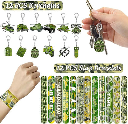 122 PCS Army Party Favors, Military Camo Temporary Tattoos Slap Bracelets Keychains Stickers Badges Goodie Bags Soldiers Figures for Army Birthday Party Decorations Gifts for Kids Classroom Rewards