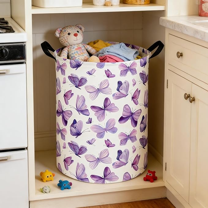 Butterfly hamper,Purple Laundry Basket,Baby Nursery Hamper,Waterproof foldable girls toy storage box,Dirty Clothes Hampers,Flower house decor(Purple Butterflies)
