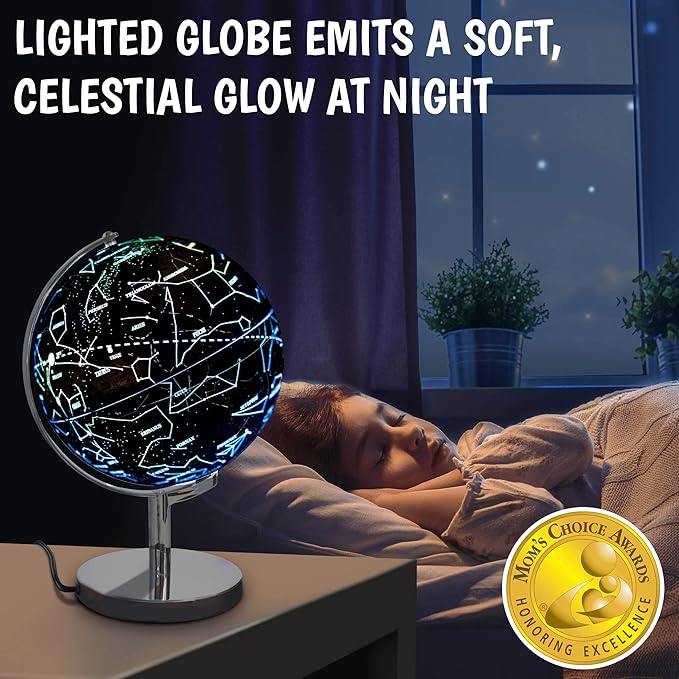 USA Toyz Illuminated World Globe with Stand - 3in1 STEM Globes for Adults and Kids, Constellation Map, Built-In LED Night Light Lamp, Easy to Read Texts, Non-Tip Base, 13.5 Inch Tall, 9 Inch Diameter