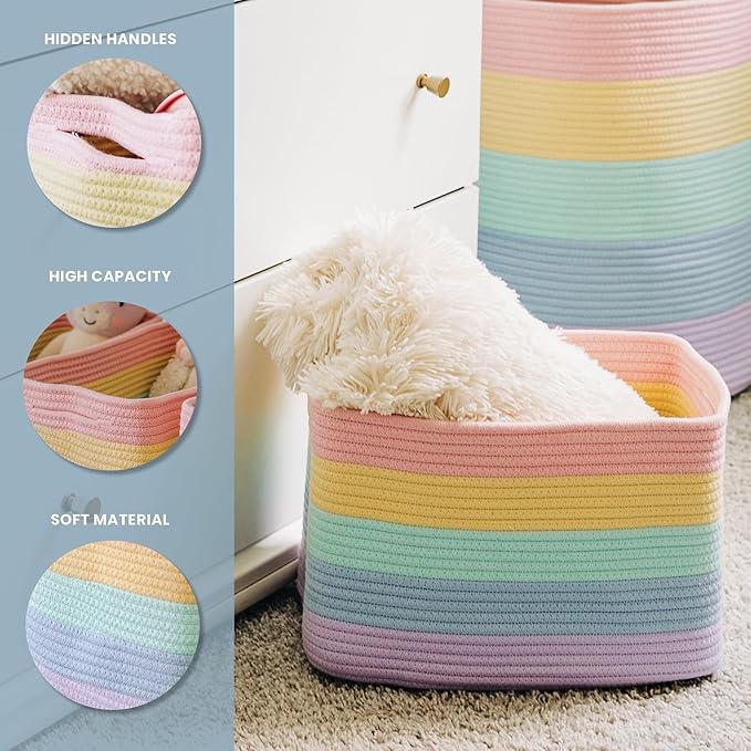 OrganiHaus Pastel Rainbow Basket - Colorful Woven Storage Basket for Playroom, Nursery & Classroom Decor & Toy Storage, 15x9x10
